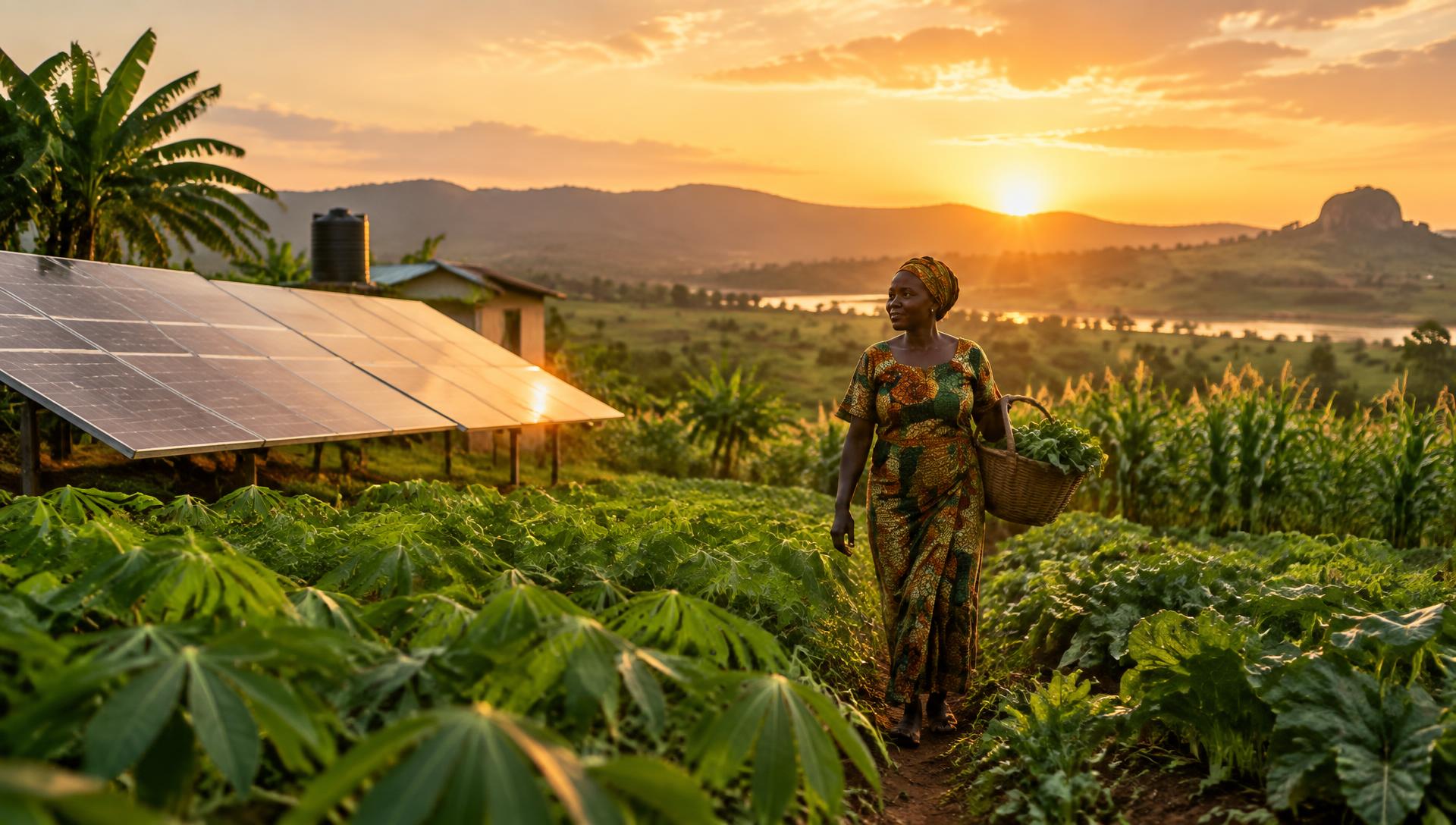 Solar-powered farmland in Nigeria at sunrise